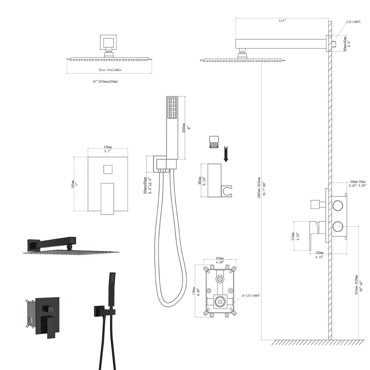 Dual Shower Head 10" Wall Mounted Square Shower System