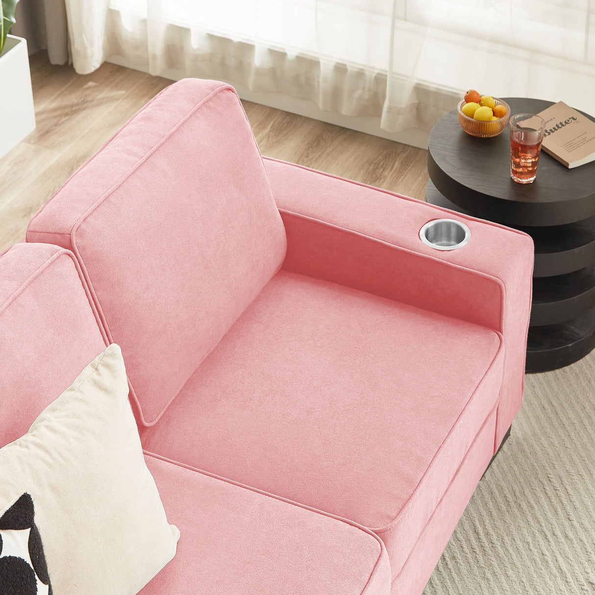 Modern Snowfleece Fabric 3 Seater Sofa With Cup Holder