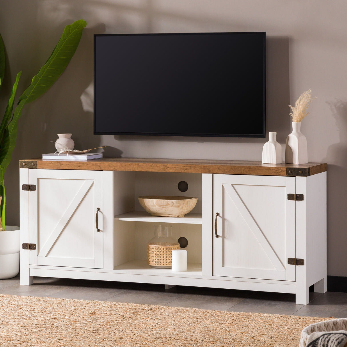 Modern Farmhouse Barn Door 3 Shelf TV Stand For TVs Up To 65” by Couch.com