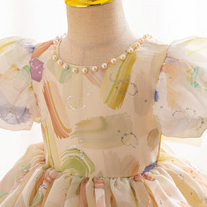 Fashion Puff Sleeve Bowknot Girl Dress
