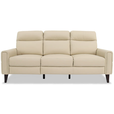 The Elliot - Incliner Sofa Left is a beige, three-seater with cushioned backrests and armrests. It features a smooth, leather-like texture and dark, tapered wooden legs against a simple light background.