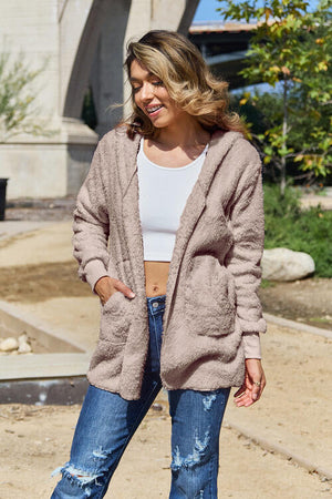 Women Full Size Teddy Hooded Jacket with Pockets Cozy Casual Jacket Comfortable Women Jacket