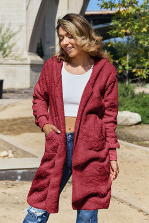Red Double Take Full Size Hooded Teddy Bear Jacket with Thumbholes Ultra-Cozy & Stylish Comfortable Outerwear