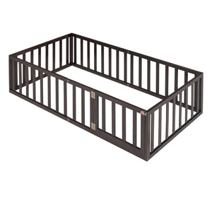 Twin Size Floor Bed Frame With Fence And Door - Walnut by Couch.com