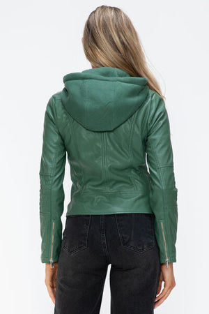 Women Classic Snobbish Faux Leather Zip-Up Drawstring Hooded Jacket Edgy & Casual PU Leather Jacket For Streetwear