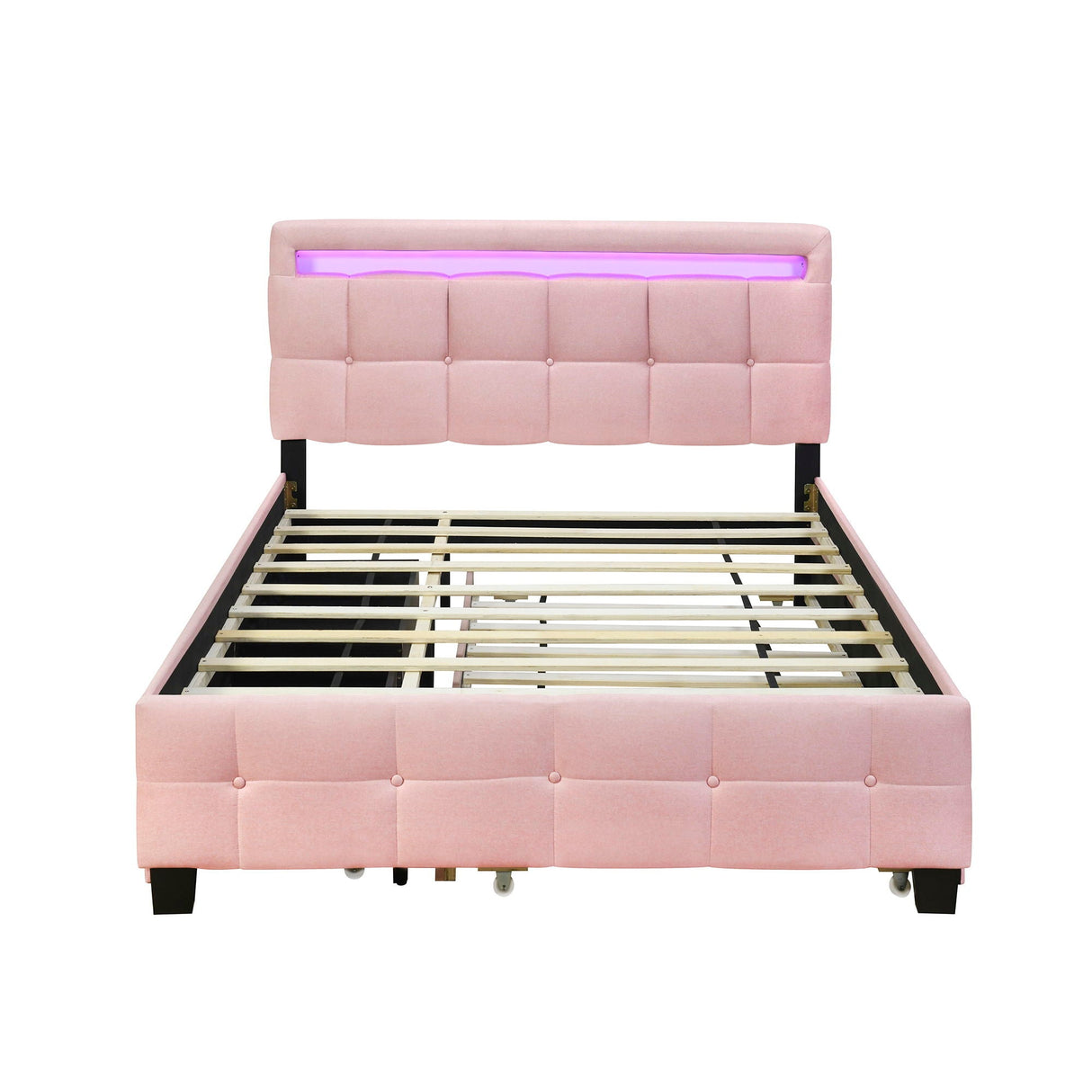 Upholstered platform bed with a pink tufted headboard, built-in LED light strip, wooden slats (no mattress), and short black legs.