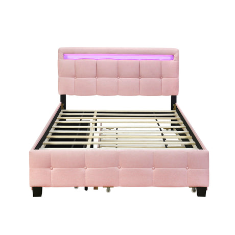 Upholstered platform bed with a pink tufted headboard, built-in LED light strip, wooden slats (no mattress), and short black legs.