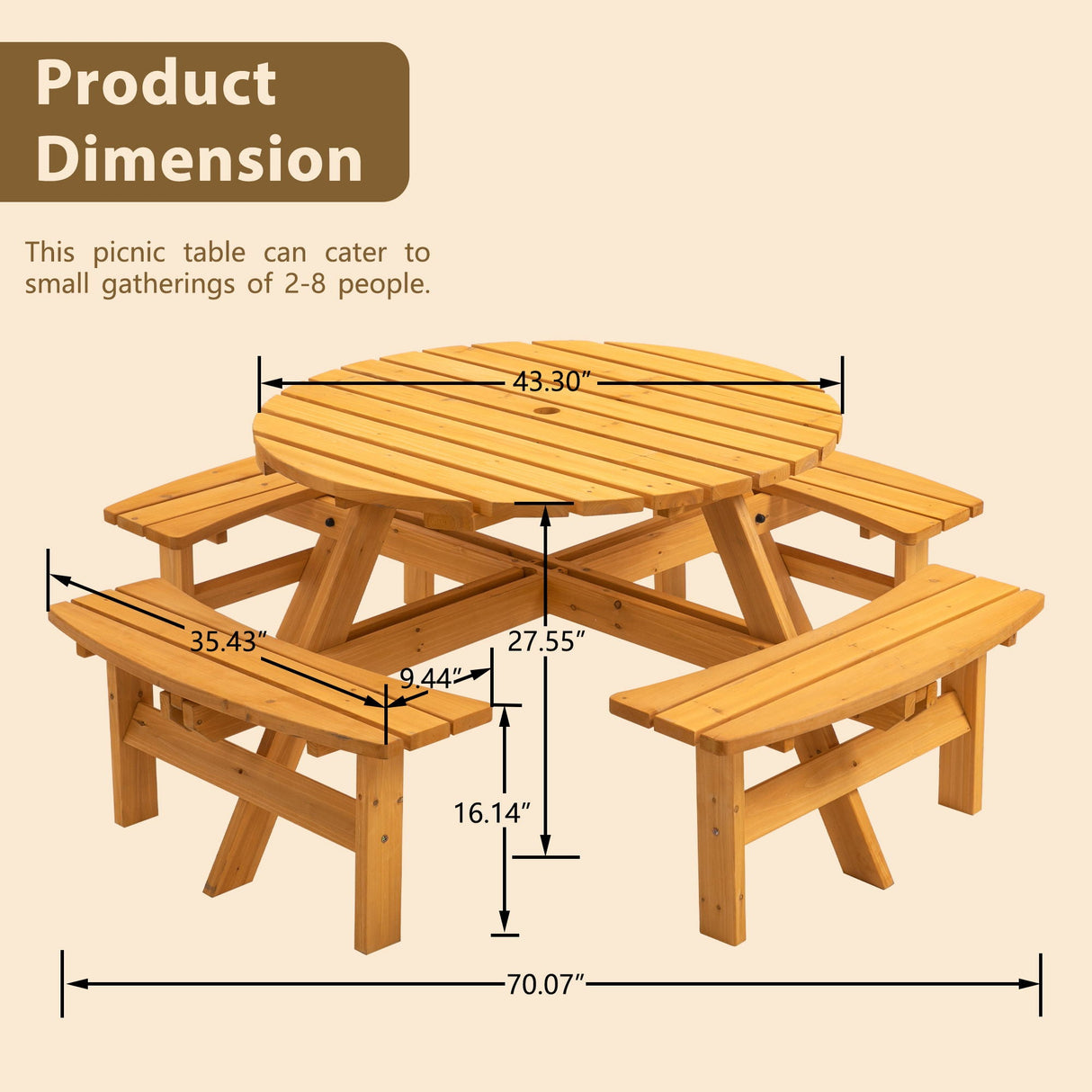 8 Person Wooden Picnic Table, Outdoor Camping Dining Table With Seat, Garden, Diy With 4 Built-In Benches, 2220Lb Capacity by Couch.com