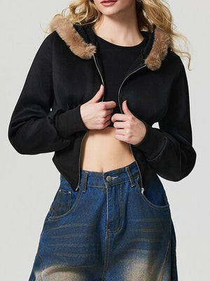 Black Fuzzy Hem Hooded Zip-Up Jacket With Long Sleeves and Casual Style Jacket