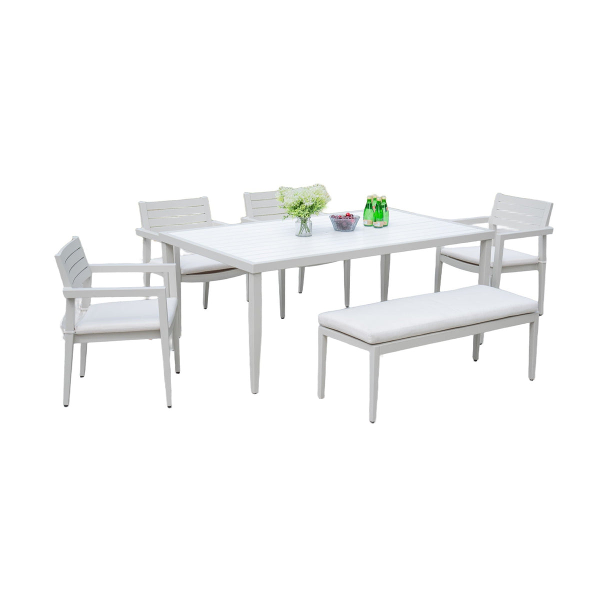 6 Piece Dining Set Modern Outdoor Patio Furniture, 4 Dining Chairs & 1 Dining Bench Sunbrella Fabric And 2 Tone Rectangle Table With Umbrella Hole - Matte White / Grayish by Couch.com