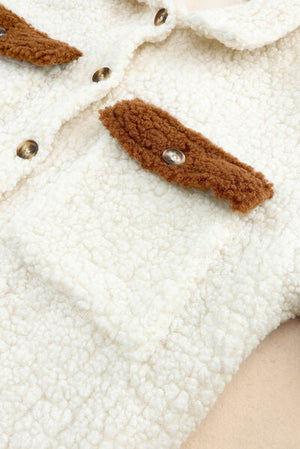 Women Cute Sherpa Jacket with Button Closure and Collared Neck in Elegant Retro Style