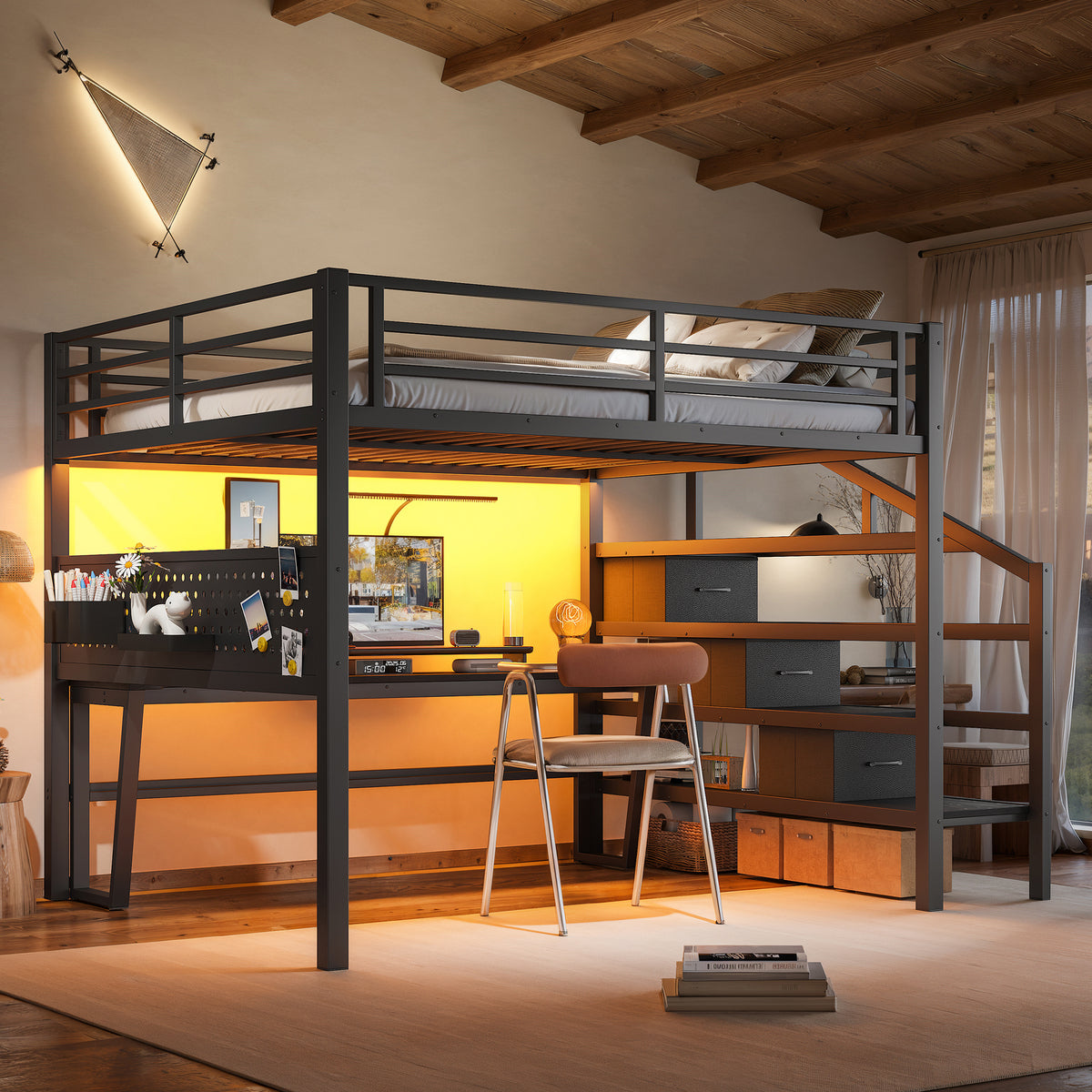 Queen Size Metal Loft Bed featuring Storage Stairs and Movable Desk with USB, White/Black Metal Loft Bed Frame with 3 Fabric Drawers and LED, Full-Length Guardrail and Pegboard for Kids Teens, Black
