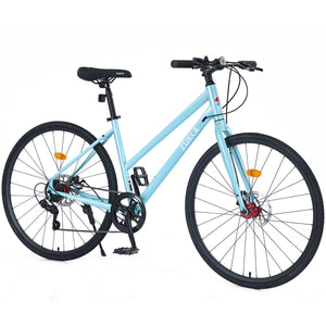 Light Blue 7-Speed Hybrid Road Bike with Disc Brakes for Men and Women, 700C Steel Frame, 18 Inch Size