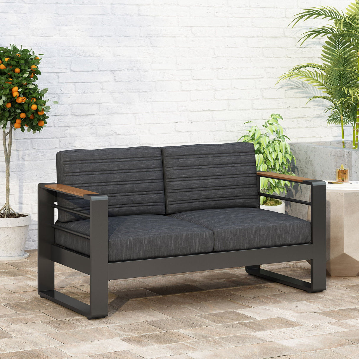 Loveseat With Slat Paneling And Aluminum Frame - Black by Couch.com
