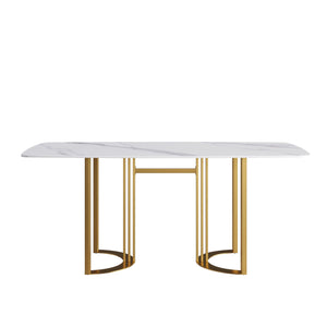 70.87" Modern Artificial Stone White Curved Golden Metal Leg Dining Table, Can Accommodate 6-8 People - White / Gold by Couch.com