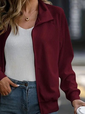 Simple White Zip Up Collared Neck Raglan Sleeve Jacket Comfortable Versatile Casual Women Wear