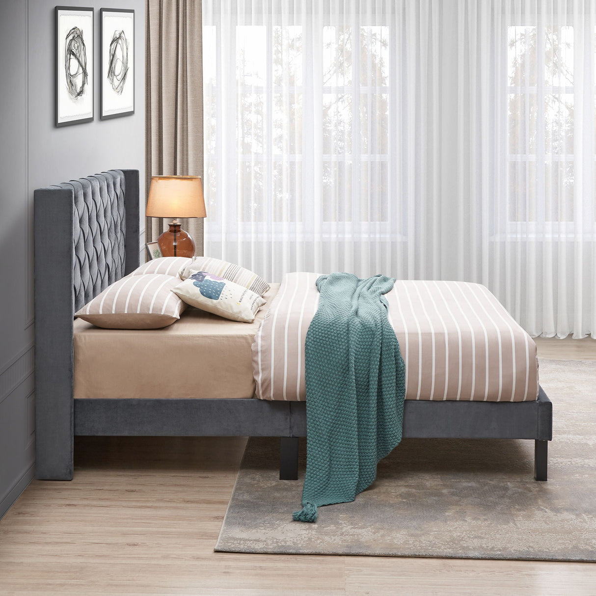 Queen Platform Tufted Upholstered Bed With Wings Design, Strong Wood Slat Support - Gray by Couch.com
