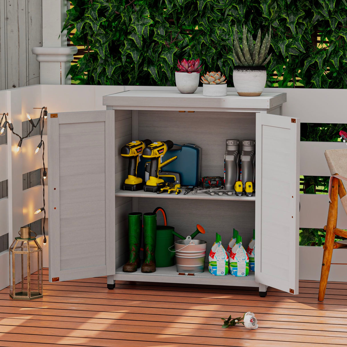Rustic Cedar Wood Potting Bench With Storage Cabinet And Metal Top For Outdoor Patio - Gray