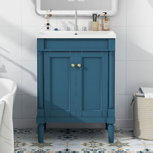 The Bathroom Vanity With Top Sink features a blue finish and comes with a white countertop, silver faucet, soap dispenser, and lotion. It is set against white tiled walls with intricate patterned floor tiles. A wicker laundry basket is partially visible on the right side.