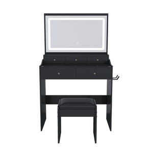 Modern Black Makeup Vanity Set with Power Outlet, Hair Dryer Holder, and Adjustable Lighting