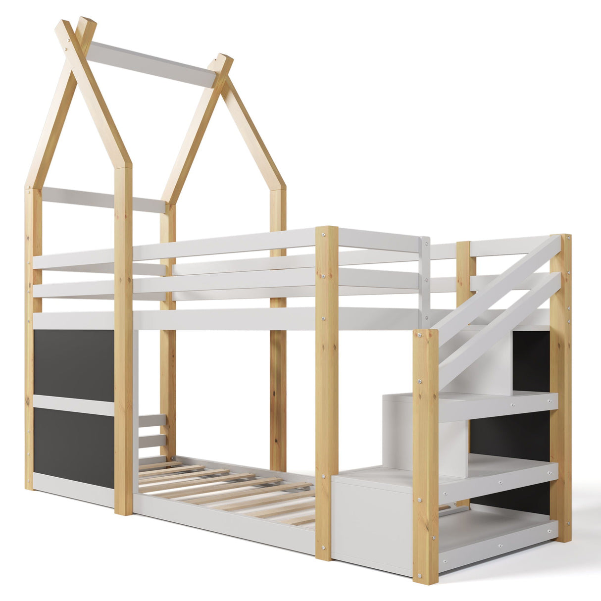 Twin Over Twin House Bunk Bed With White Storage Staircase And 2 Blackboards - White / Natural by Couch.com