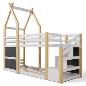 Twin Over Twin House Bunk Bed With White Storage Staircase And 2 Blackboards - White / Natural by Couch.com