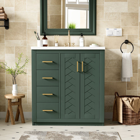 A modern bathroom showcases a green Ceramic Sink Combo Freestanding Vanity with gold handles and chevron-patterned doors. It features a white countertop with toiletries, a round wooden stool, a basket, and a towel. Beige tiled walls complement the large mirror above the sink.