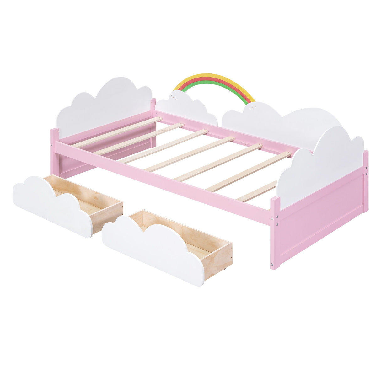 Twin Size Bed With Clouds And Rainbow Decor - Pink / White by Couch.com