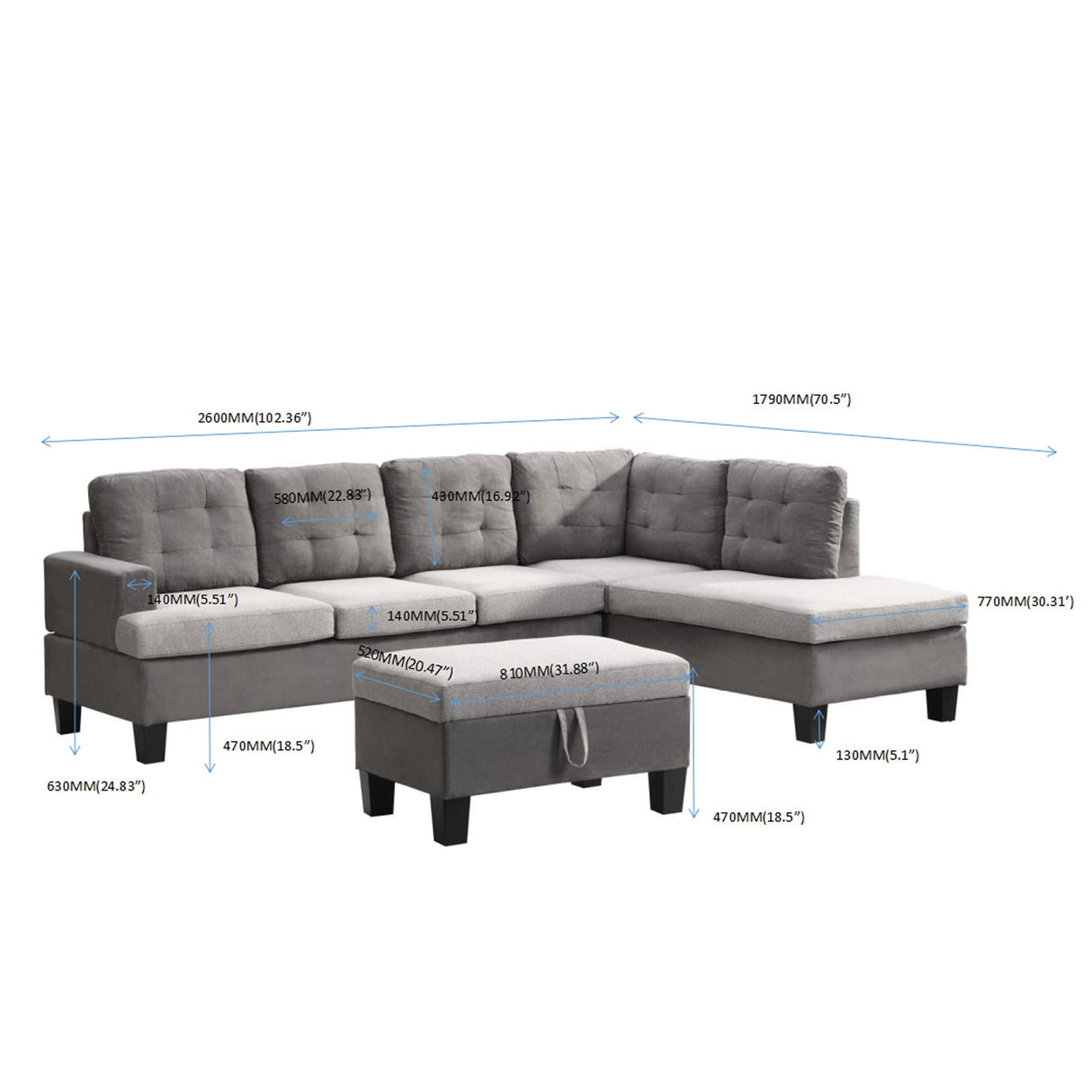Sofa Set With Chaise Lounge And Storage Ottoman - Gray by Couch.com