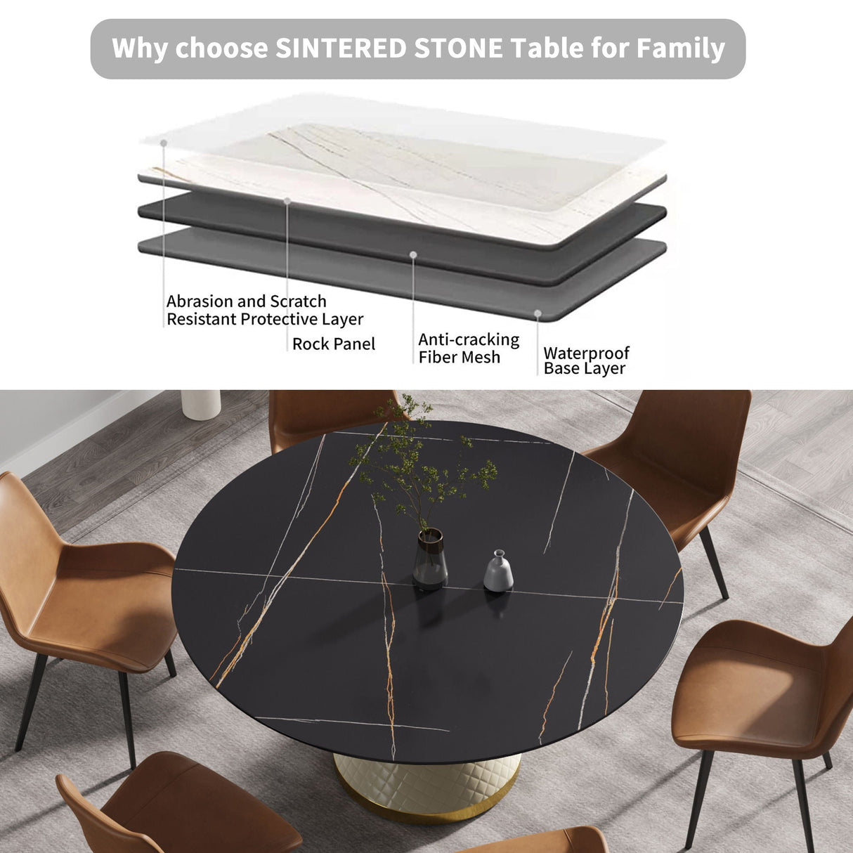 59.05" Modern Artificial Stone Round Carbon Steel Base Dining Table, Can Accommodate 6 People - Black / White by Couch.com