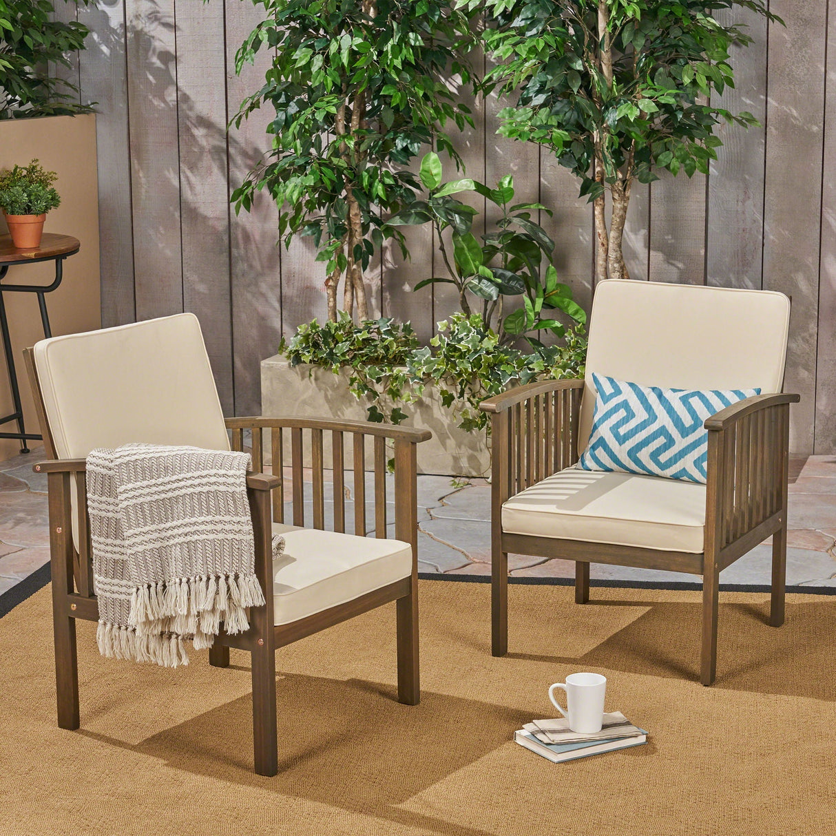 Casa Acacia Wood Club Chairs (Set of 2) With Water Resistant Cushions - Gray / Cream