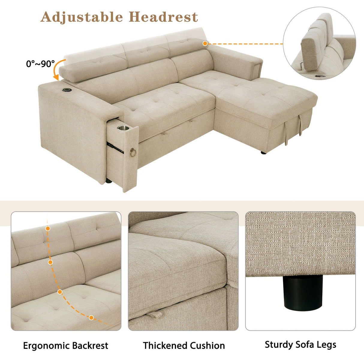 Multi-Functional Pull-Out Sofa Bed L-Shape Sectional Sofa With Adjustable Headrest, Wireless Charging, Cup Holders And Hidden Storage For Living Room by Couch.com