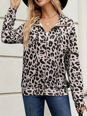 Modern Full Size Leopard Black White Collared Neck Zip Up Jacket  Stylish & Comfortable Everyday Wear