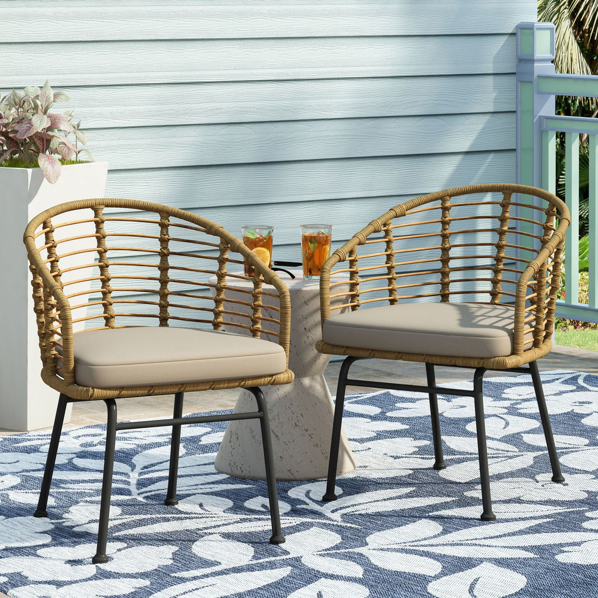 Randy Modern Wicker Chair With Water Resistant Cushions - Brown / Beige