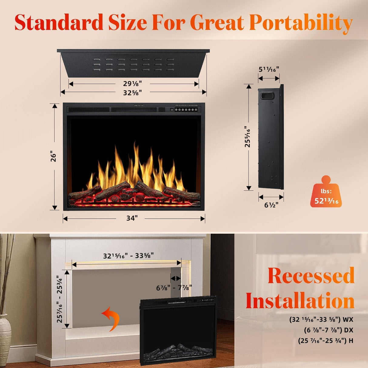 Electric Fireplace Insert Adjuatble Flame Colors 936A,939A,936BXB,939BXB