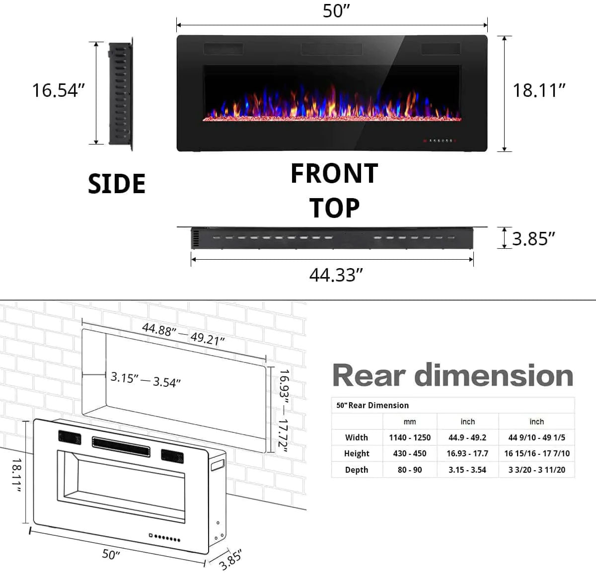 Electric Fireplace Recessed and Wall Mounted,830C3,836C3,842C3,850C3,860C3,868C3