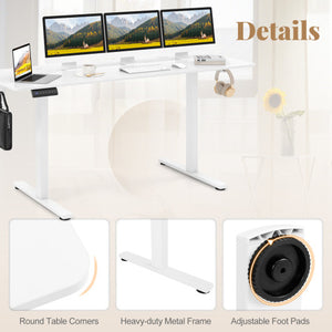 Electric Standing Desk with 3 Memory Heights and 2 Hanging Hooks and Cable Holes-White