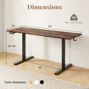 Electric Standing Desk with 3 Memory Heights and 2 Hanging Hooks and Cable Holes-Rustic Brown