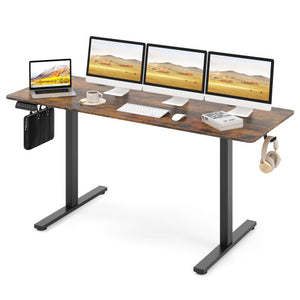 Electric Standing Desk with 3 Memory Heights and 2 Hanging Hooks and Cable Holes-Rustic Brown