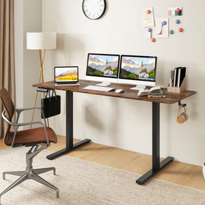 Electric Standing Desk with 3 Memory Heights and 2 Hanging Hooks and Cable Holes-Rustic Brown