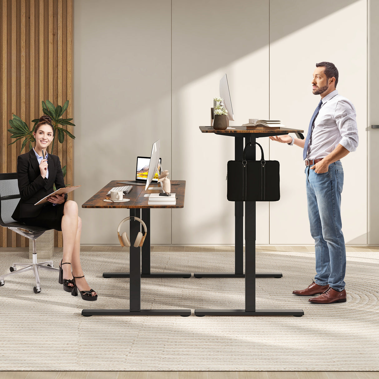 Electric Standing Desk with 3 Memory Heights and 2 Hanging Hooks and Cable Holes-Rustic Brown