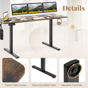Electric Standing Desk with 3 Memory Heights and 2 Hanging Hooks and Cable Holes-Rustic Brown