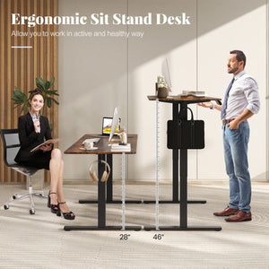 Electric Standing Desk with 3 Memory Heights and 2 Hanging Hooks and Cable Holes-Rustic Brown