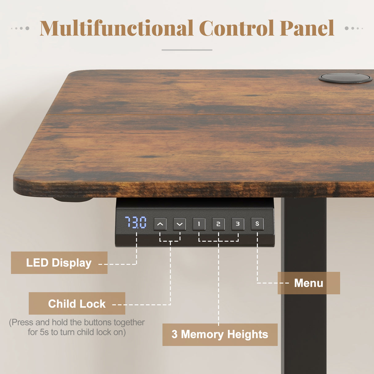 Electric Standing Desk with 3 Memory Heights and 2 Hanging Hooks and Cable Holes-Rustic Brown