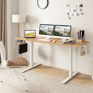 Electric Standing Desk with 3 Memory Heights and 2 Hanging Hooks and Cable Holes-Natural