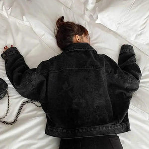 Elegance Black Denim Short Jackets For Women Loose Single Breasted Button Pockets Stylish Chic Retro Casual Streetwear For Women