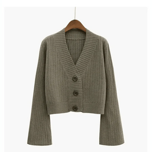 Elegance Cardigan Autumn Long Flare Sleeve Short Sweater Women Ribbed Knitted Cotton Tops Black White Ladies Soft Outwear Female