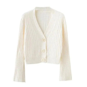 Elegance Cardigan Autumn Long Flare Sleeve Short Sweater Women Ribbed Knitted Cotton Tops Black White Ladies Soft Outwear Female