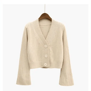 Elegance Cardigan Autumn Long Flare Sleeve Short Sweater Women Ribbed Knitted Cotton Tops Black White Ladies Soft Outwear Female