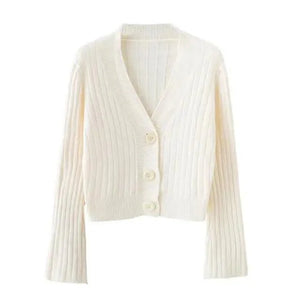 Elegance Cardigan Autumn Long Flare Sleeve Short Sweater Women Ribbed Knitted Cotton Tops Black White Ladies Soft Outwear Female